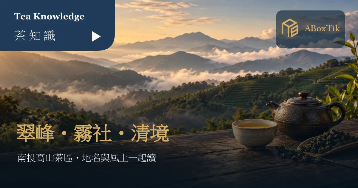 前景陶壺與茶杯，遠景是層疊茶山與薄霧的南投高山茶區意象