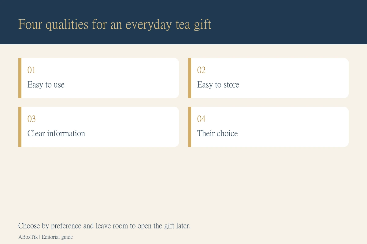 Tea gifts for new parents choice card showing easy use, manageable quantity, clear labels and freedom to choose