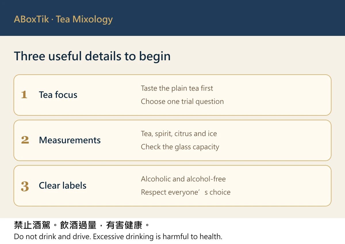New Year tea cocktail design checklist for tea focus, measured ingredients and clear labels