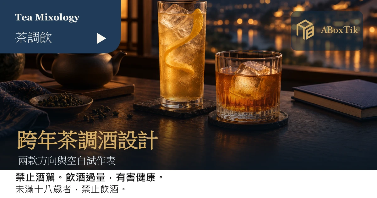 跨年烏龍茶調酒:兩款設計指南與空白試作表 - ABoxTik 一盒精品 1 跨年茶調酒設計情境:柑橘氣泡風格高杯與焙香短飲風格矮杯