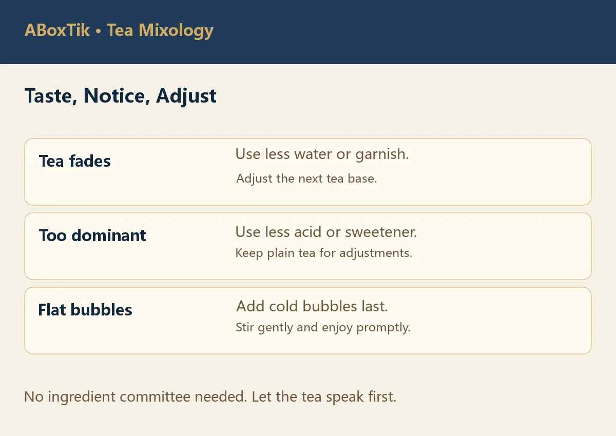 Three tea mocktail adjustments for fading tea, dominant flavours and flat bubbles
