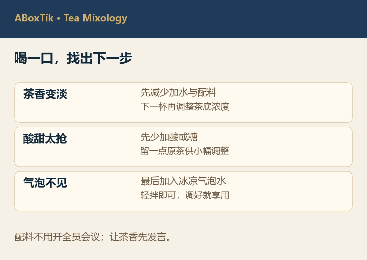 依茶香、酸甜及气泡感受调整茶调饮的三列图解