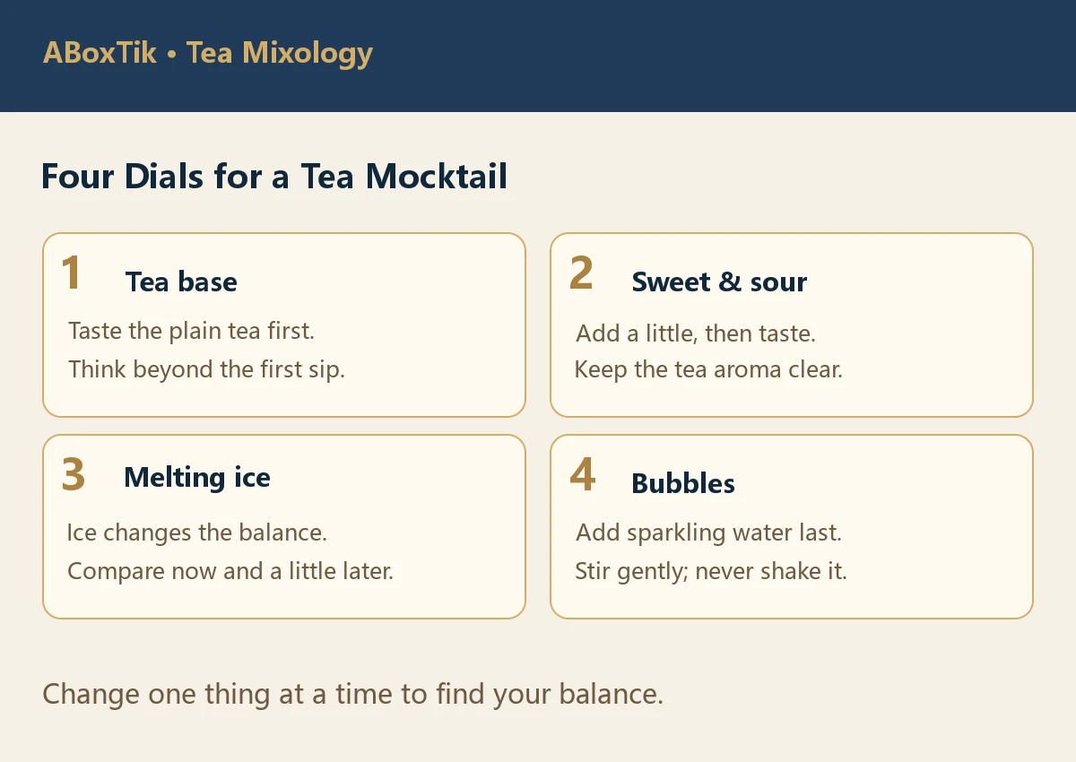 Four tea mocktail dials: tea base, sweet and sour, melting ice and bubbles