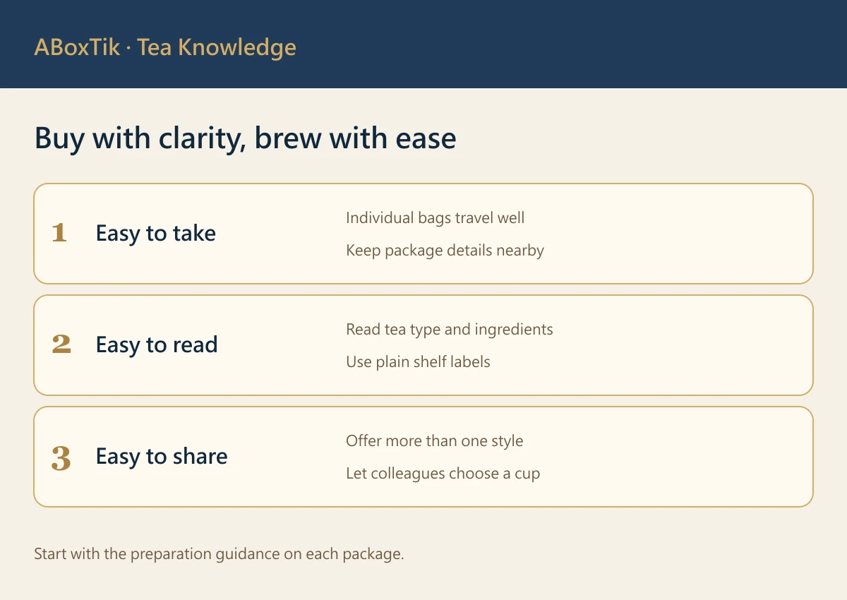 Office Tea Bag Selection: A Practical Buying Guide - ABoxTik 一盒精品 2 Office tea bag selection comparison of format, clear information and handling