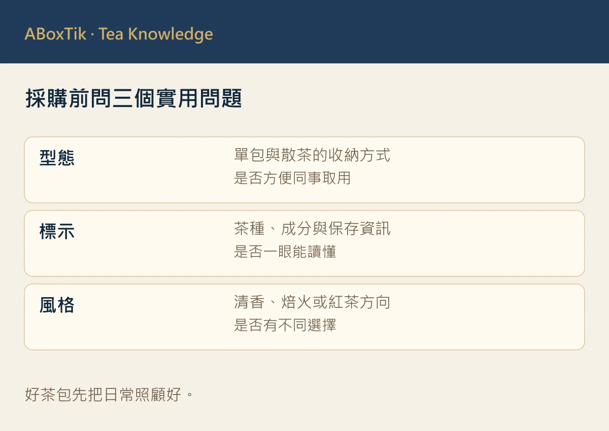 辦公室茶包採購清單：使用情境、回饋與補貨判斷分欄