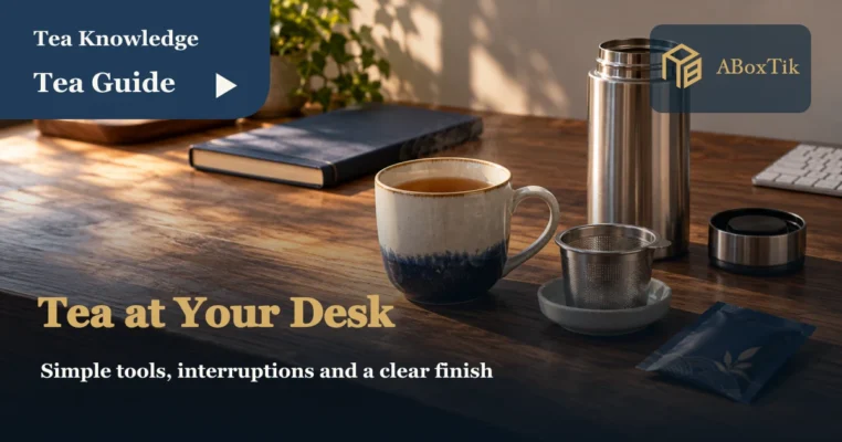 Office tea brewing with a mug, removable strainer and a separate flask on a wooden desk