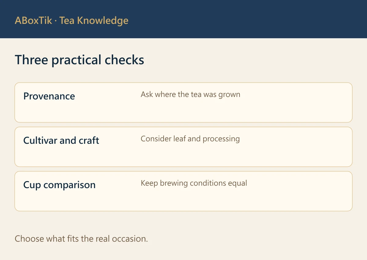 Three practical checks covering provenance, processing and equal brewing conditions
