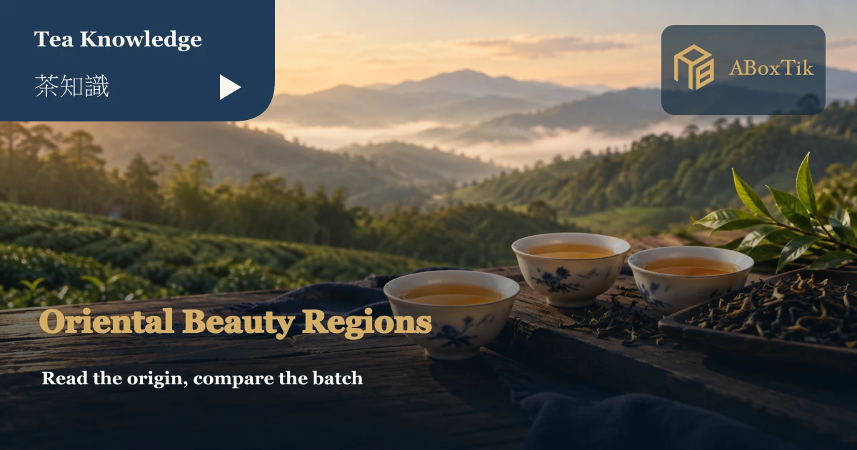 Three cups of amber tea with a hilly tea landscape