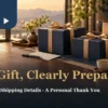 Corporate tea gifts overseas preparation with navy gift boxes, a shipping carton, blank information card and two cups of tea