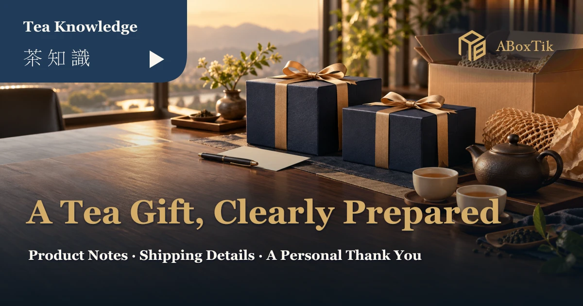 Corporate tea gifts overseas preparation with navy gift boxes, a shipping carton, blank information card and two cups of tea
