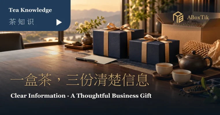 木桌上的深蓝茶礼盒、运输外箱、空白信息卡与两杯茶，呈现海外企业茶礼准备场景