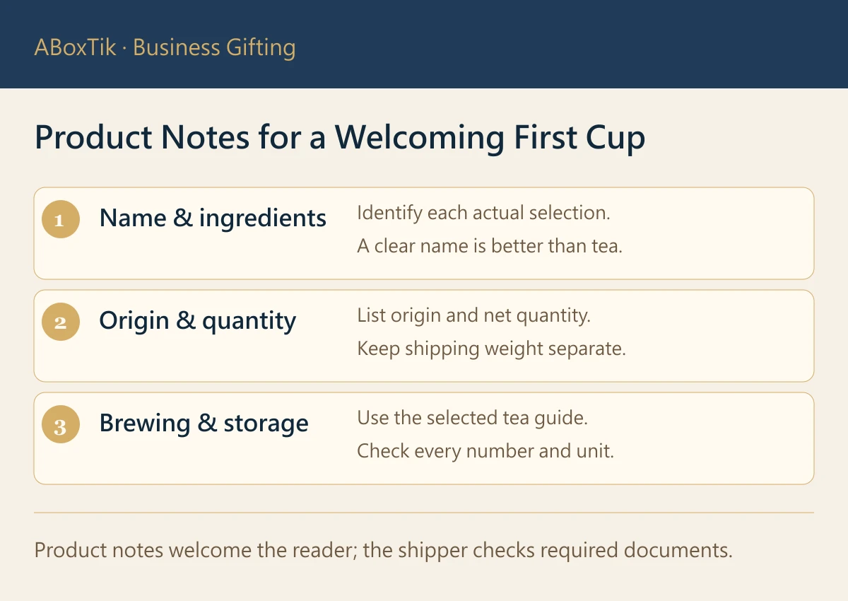 English product notes covering names, ingredients, origin, net quantity, brewing and storage