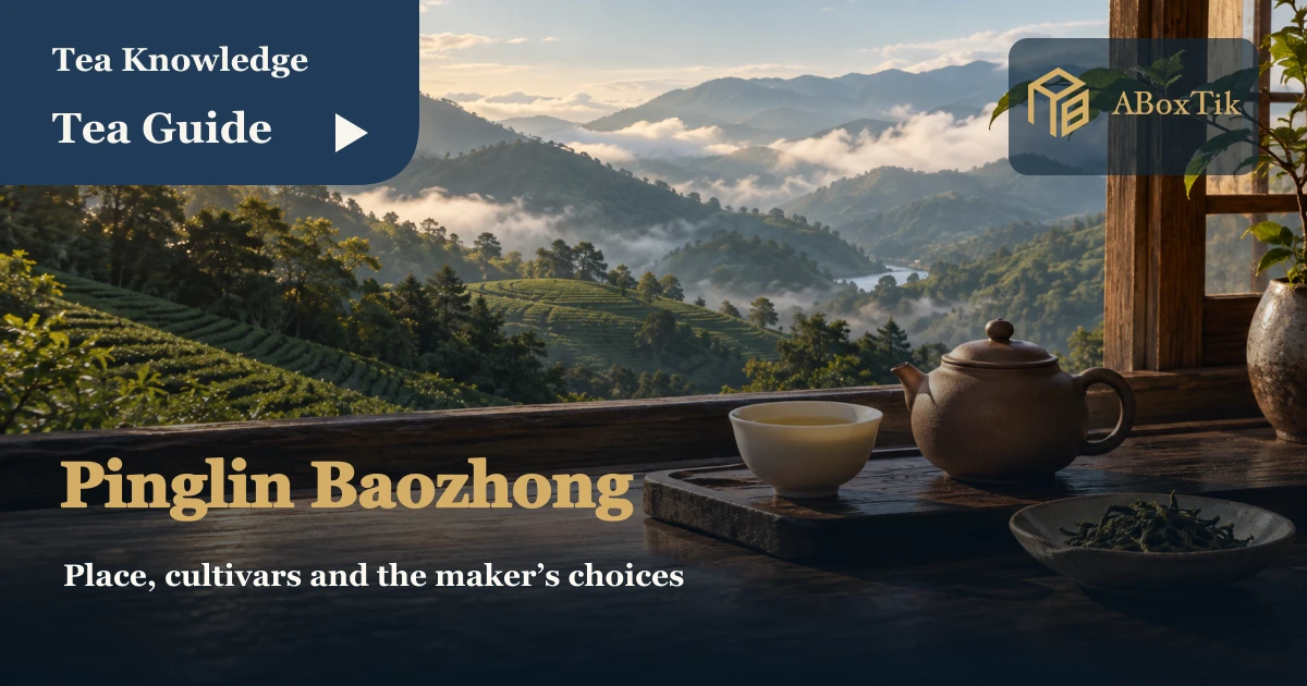 Pinglin Baozhong tea leaves and warm valley setting