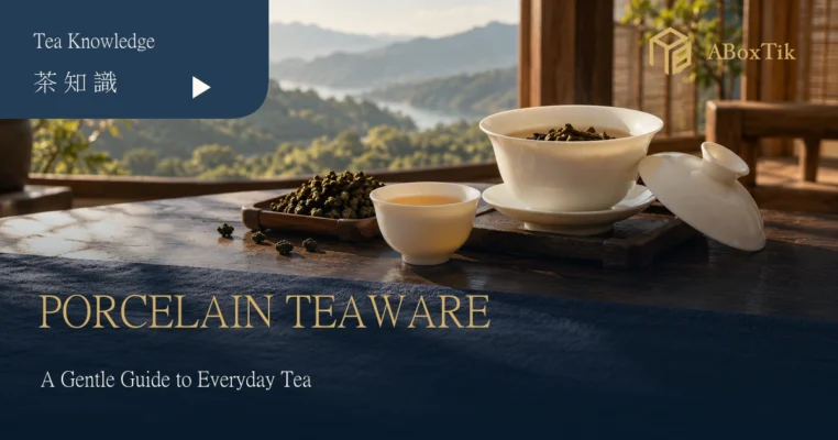 White porcelain gaiwan and cup with Taiwanese oolong in a warm wooden tea setting