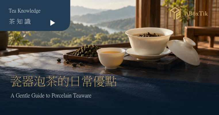 白瓷蓋碗、白瓷杯與台灣烏龍茶的溫暖茶席情境