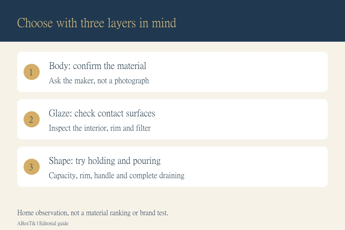Three layers for choosing porcelain teaware: body, food-contact glaze, and shape and handling