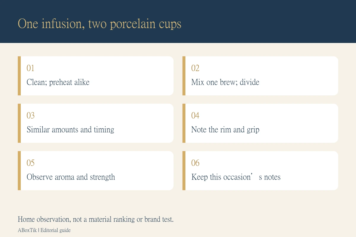 Home observation workflow: divide one mixed tea infusion between two cups and record rim, timing, aroma and grip