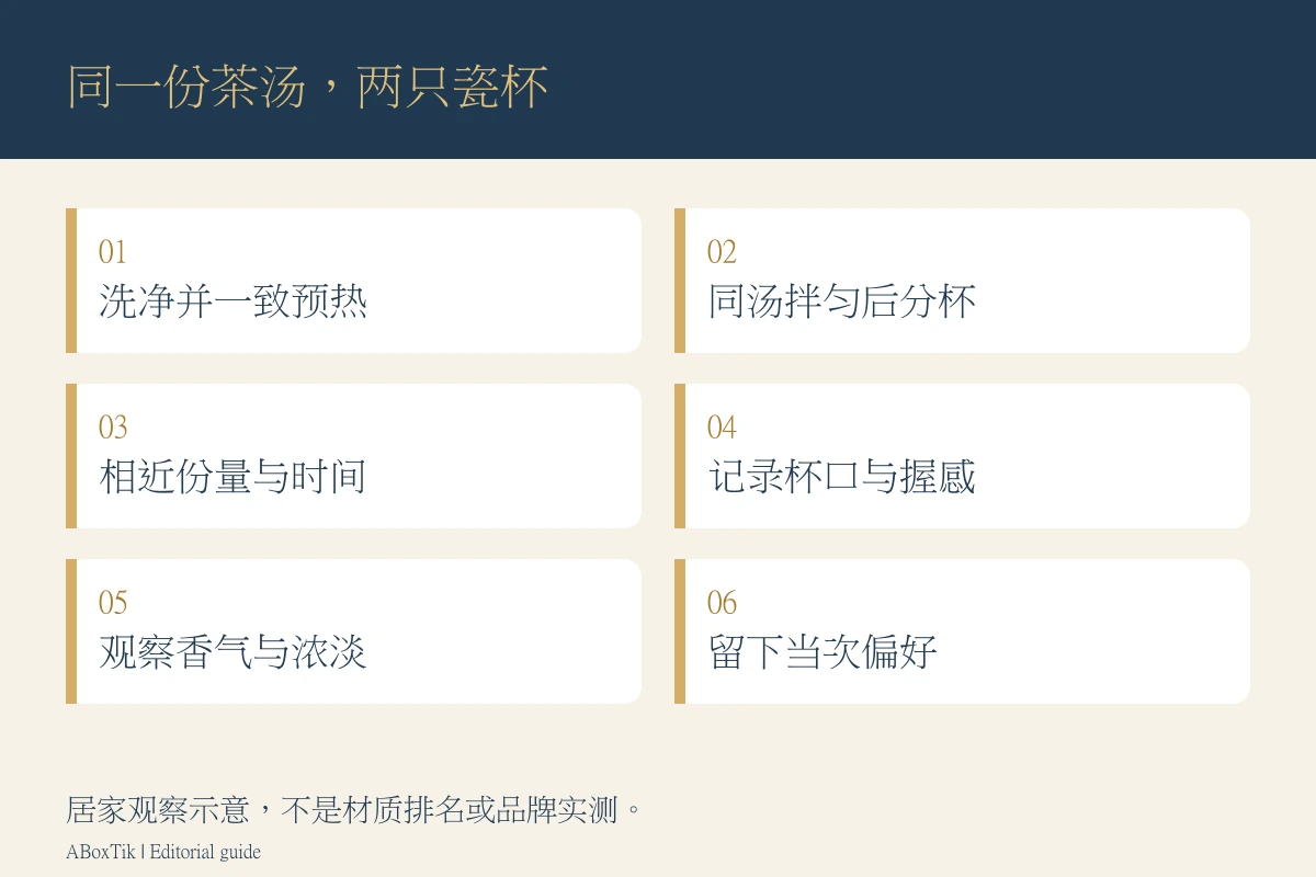 同一份茶汤分至两只瓷杯，记录杯口、时间、香气与握感的居家观察流程