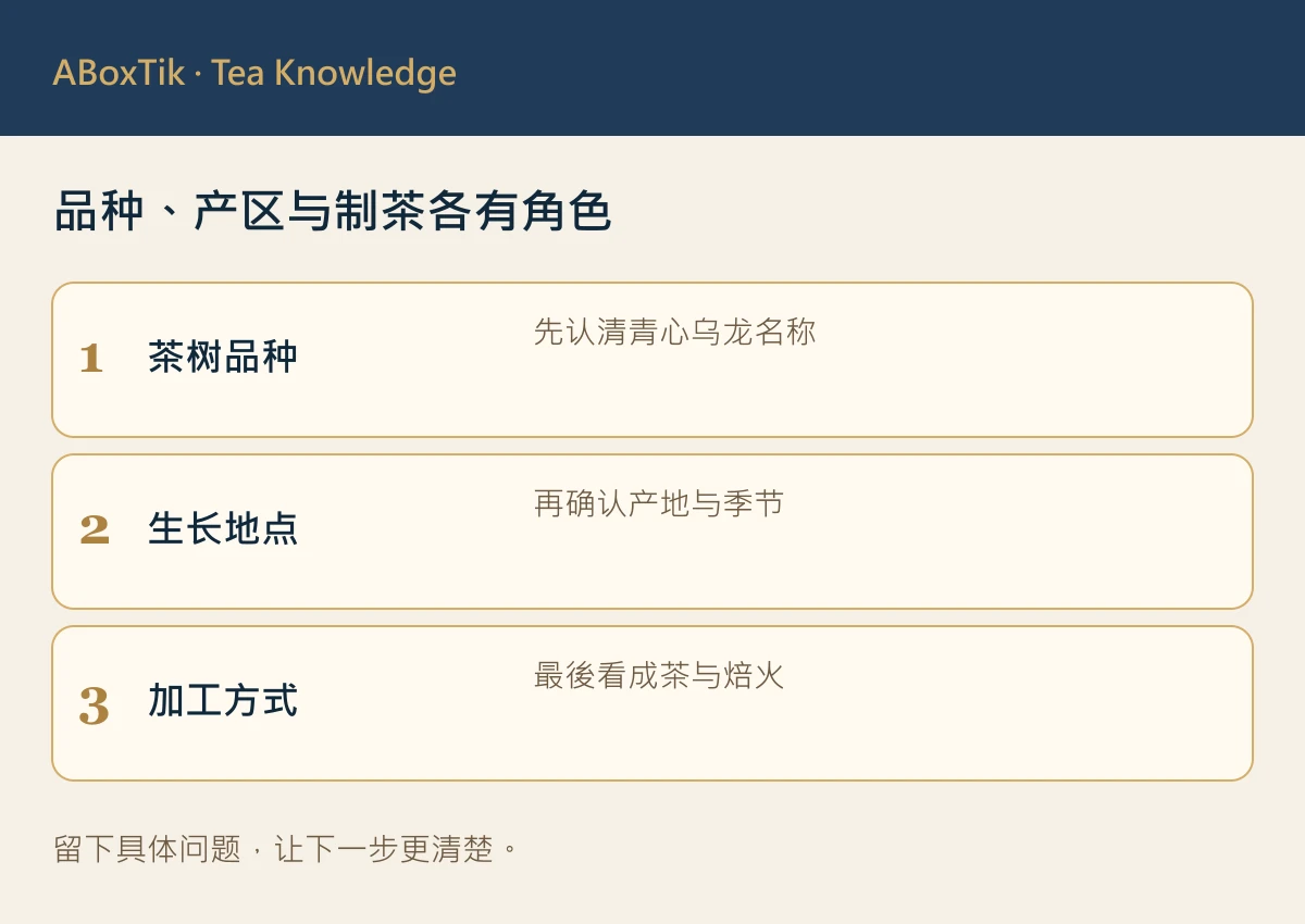 青心乌龙三项判读：茶树品种、生长地点与加工方式
