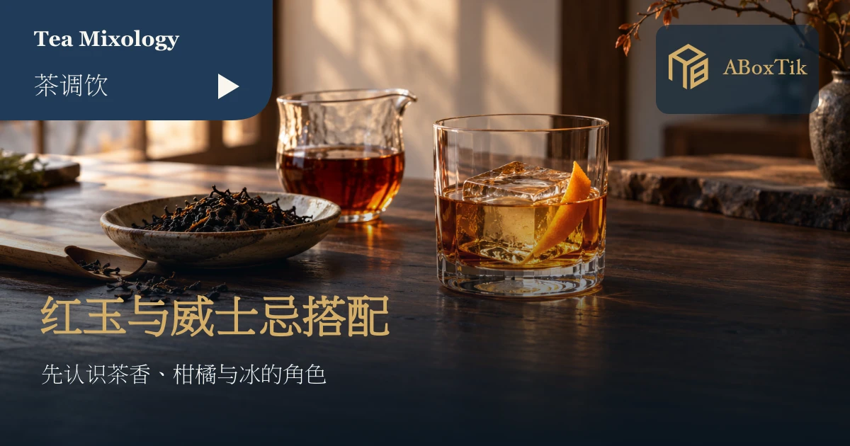红茶威士忌情境：橙皮冰饮、红玉茶汤与乾茶置於木桌