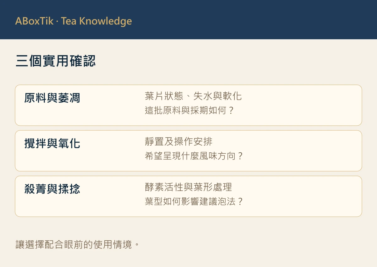 三個實用確認: 原料與萎凋, 攪拌與氧化, 殺菁與揉捻