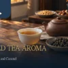 Roasted tea aroma illustration with a porcelain cup, clay teapot and oolong leaves, with food aroma references in the background