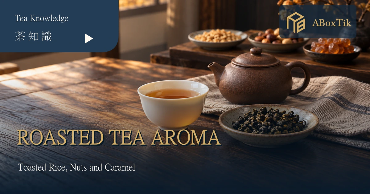 Roasted tea aroma illustration with a porcelain cup, clay teapot and oolong leaves, with food aroma references in the background