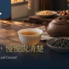 茶葉焙火香情境示意：白瓷茶杯、陶壺與烏龍茶，後景食物作香氣聯想參考