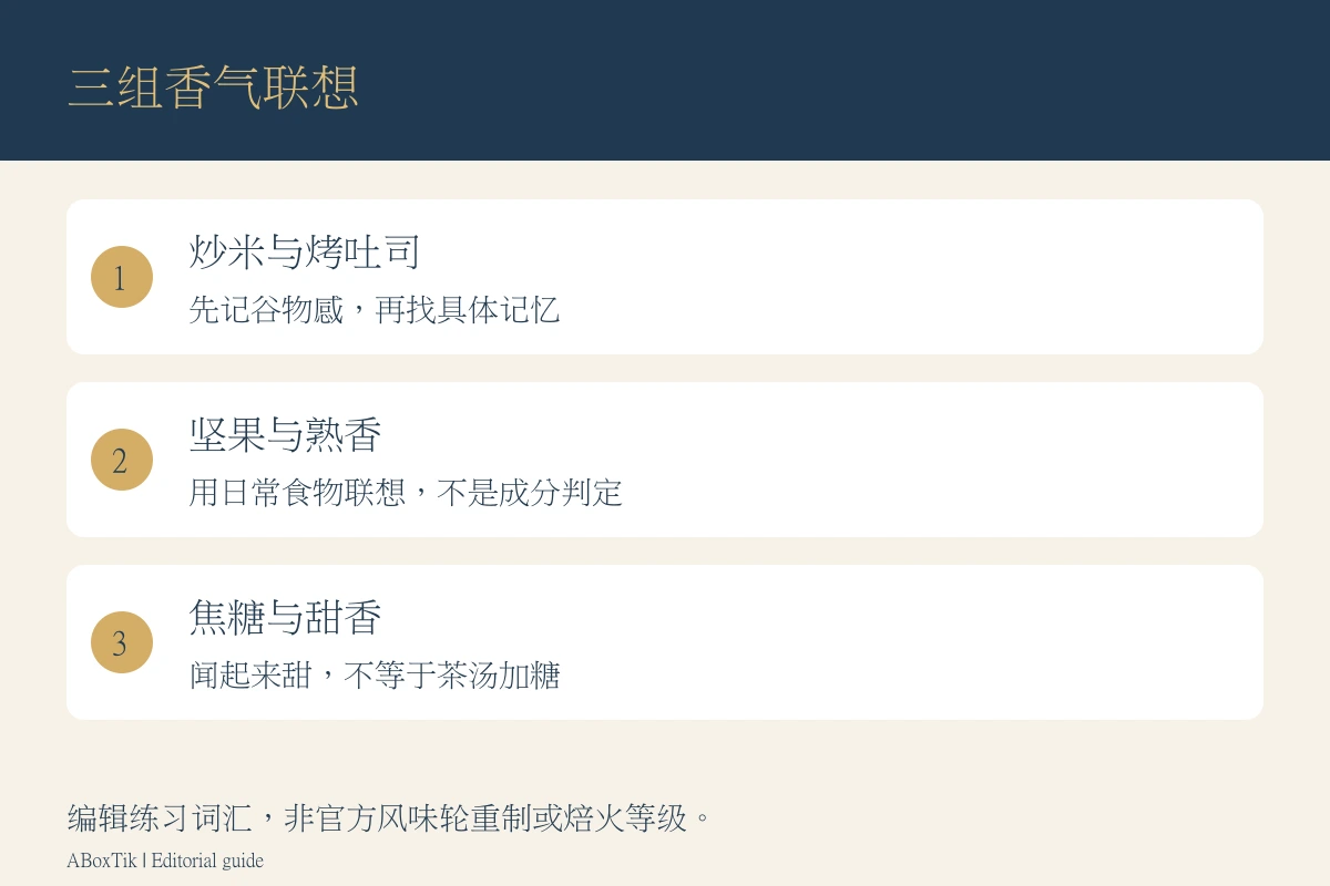 茶叶焙火香的三组练习联想：炒米吐司、坚果熟香与焦糖甜香