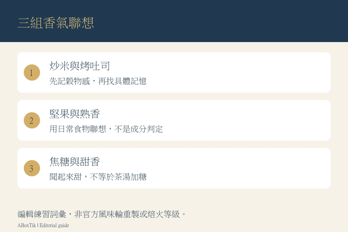 茶葉焙火香的三組練習聯想：炒米吐司、堅果熟香與焦糖甜香