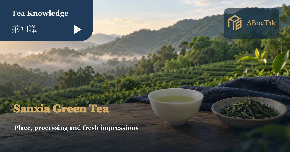 Sanxia biluochun green tea leaves and a porcelain cup before a low-hill tea garden