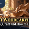 Sanyi woodcarving appreciation scene with a wooden sculpture, carving tools, shavings and a tea cup