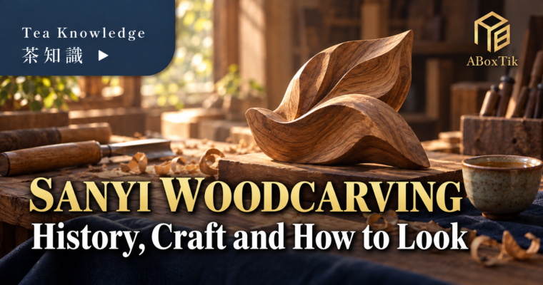 Sanyi woodcarving appreciation scene with a wooden sculpture, carving tools, shavings and a tea cup