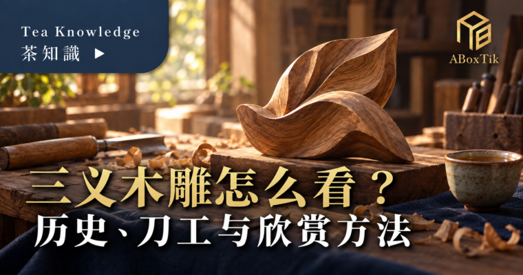 三义木雕欣赏情境：工作桌上的木纹雕塑、雕刻工具、木屑与茶杯
