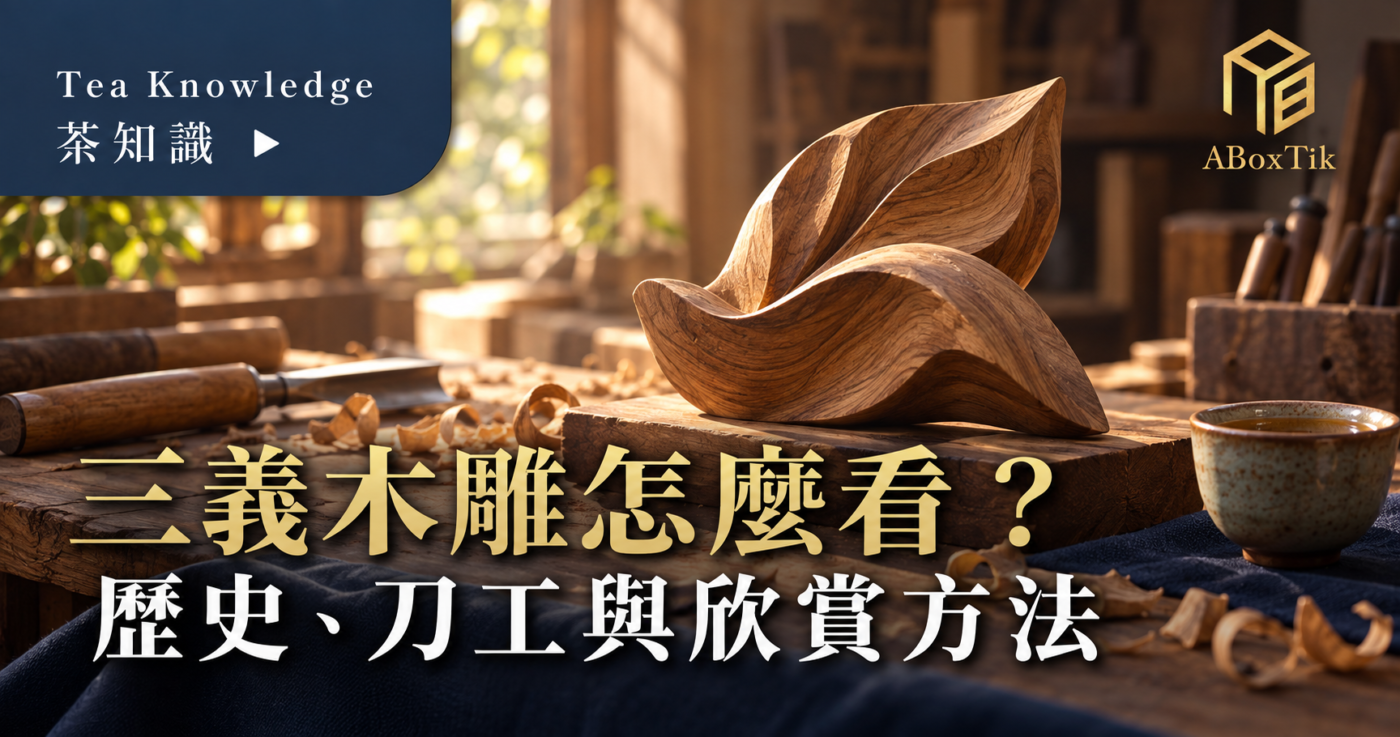 三義木雕欣賞情境：工作桌上的木紋雕塑、雕刻工具、木屑與茶杯