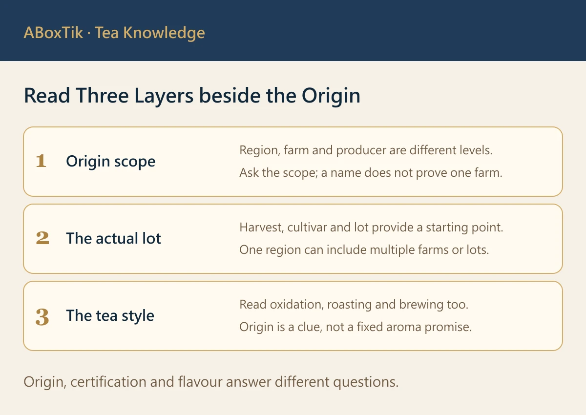Single-origin tea information in three layers: origin scope, the actual lot and finished-tea processing