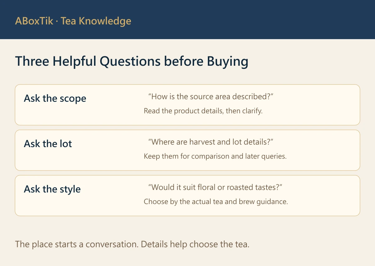 Three single-origin tea buying questions: source scope, lot information and preferred flavour