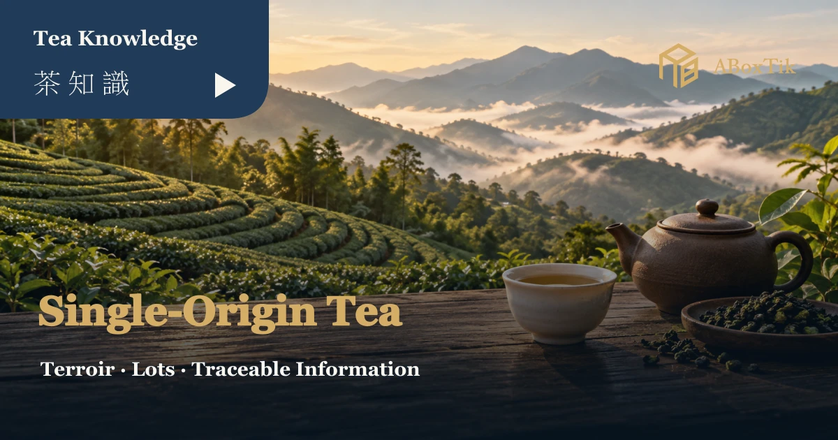 Mountain tea rows in morning light behind a ceramic pot, tea cup and dry leaves