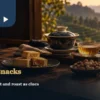 Oolong tea beside pastries, nuts and jerky