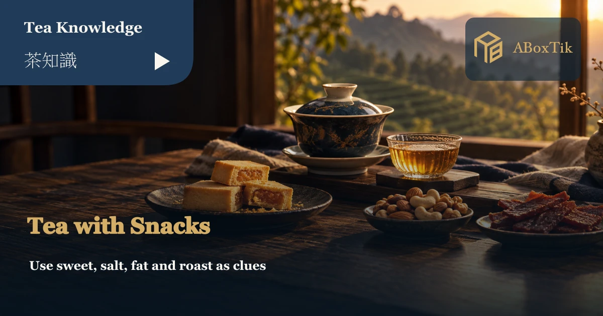 Oolong tea beside pastries, nuts and jerky