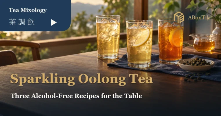 Three glasses of plain, lemon and orange sparkling oolong tea on a warm window-side dining table