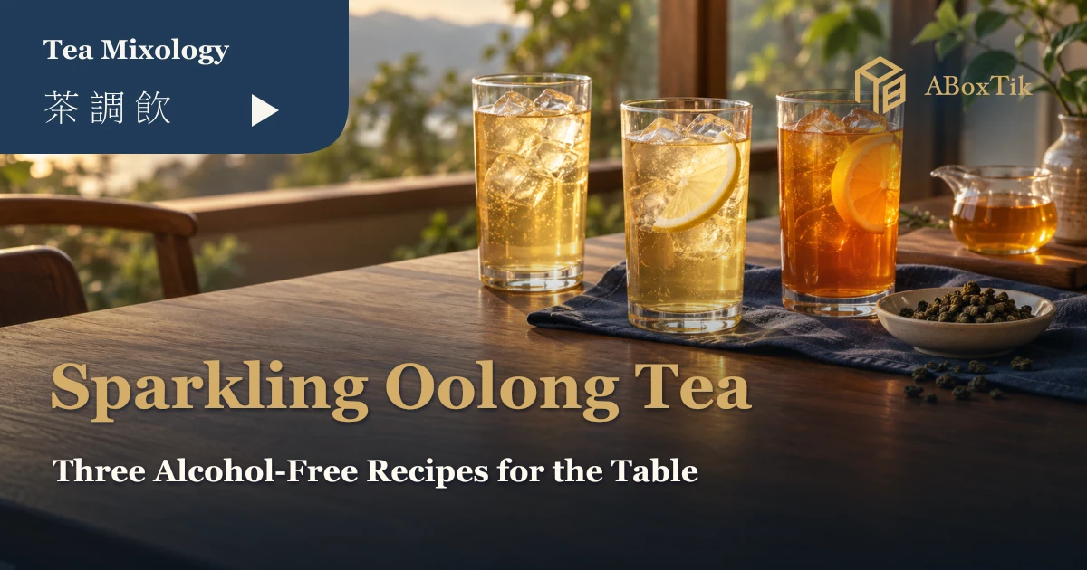 Three glasses of plain, lemon and orange sparkling oolong tea on a warm window-side dining table