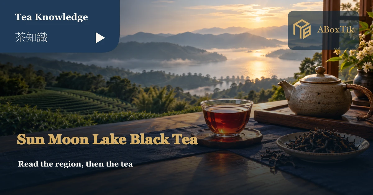 Black tea on a wooden table overlooking Sun Moon Lake