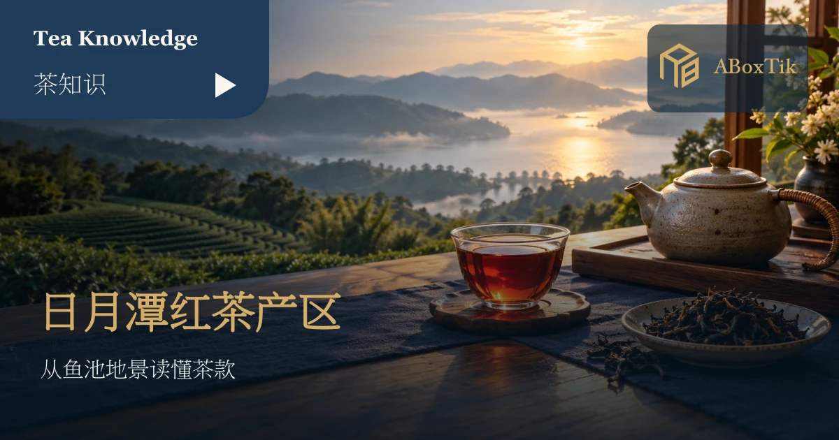 木桌上的红茶与远方日月潭湖景