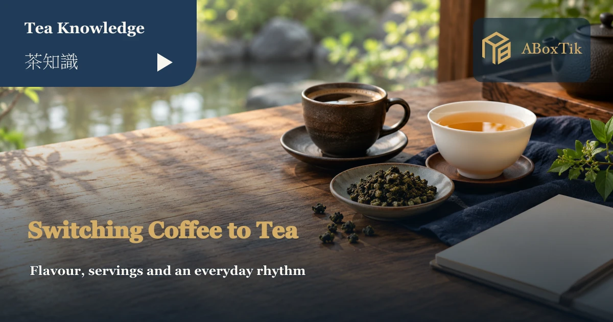 Switching coffee to tea with coffee and tea cups beside loose tea on a wooden table