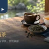 咖啡改喝茶情境：木桌上的咖啡杯、茶杯与茶叶