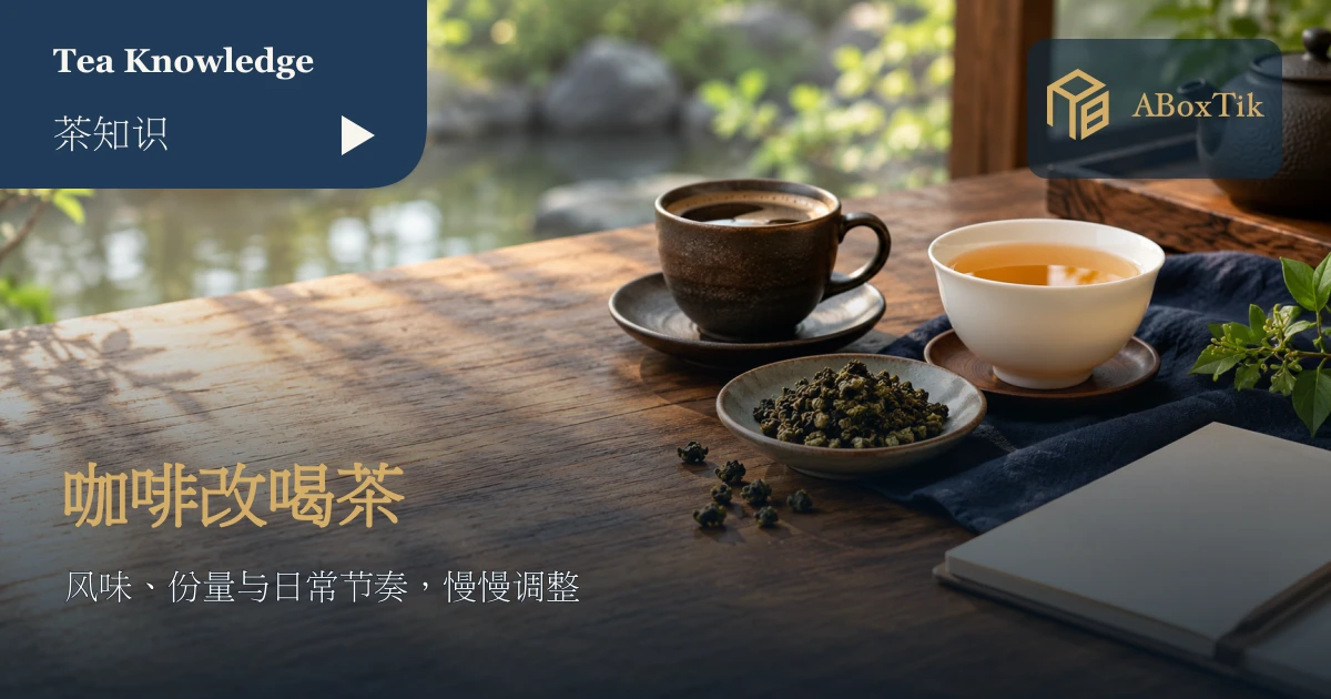 咖啡改喝茶情境：木桌上的咖啡杯、茶杯与茶叶