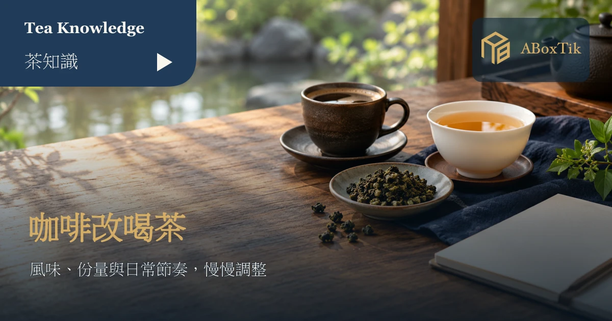 咖啡改喝茶情境：木桌上的咖啡杯、茶杯與茶葉