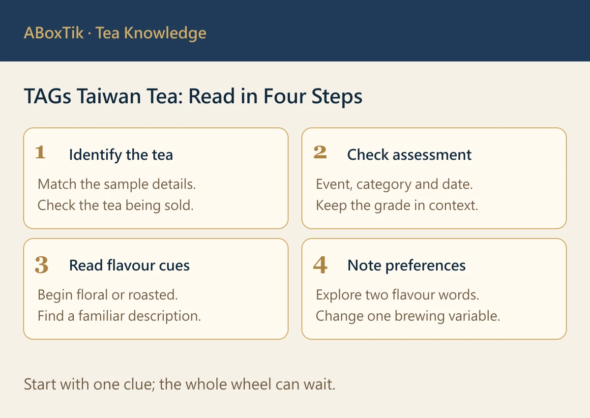 TAGs Taiwan Tea Explained: Grading and Flavour Wheels - ABoxTik 一盒精品 2 TAGs Taiwan tea report reading steps: sample, assessment, flavour cues and preference