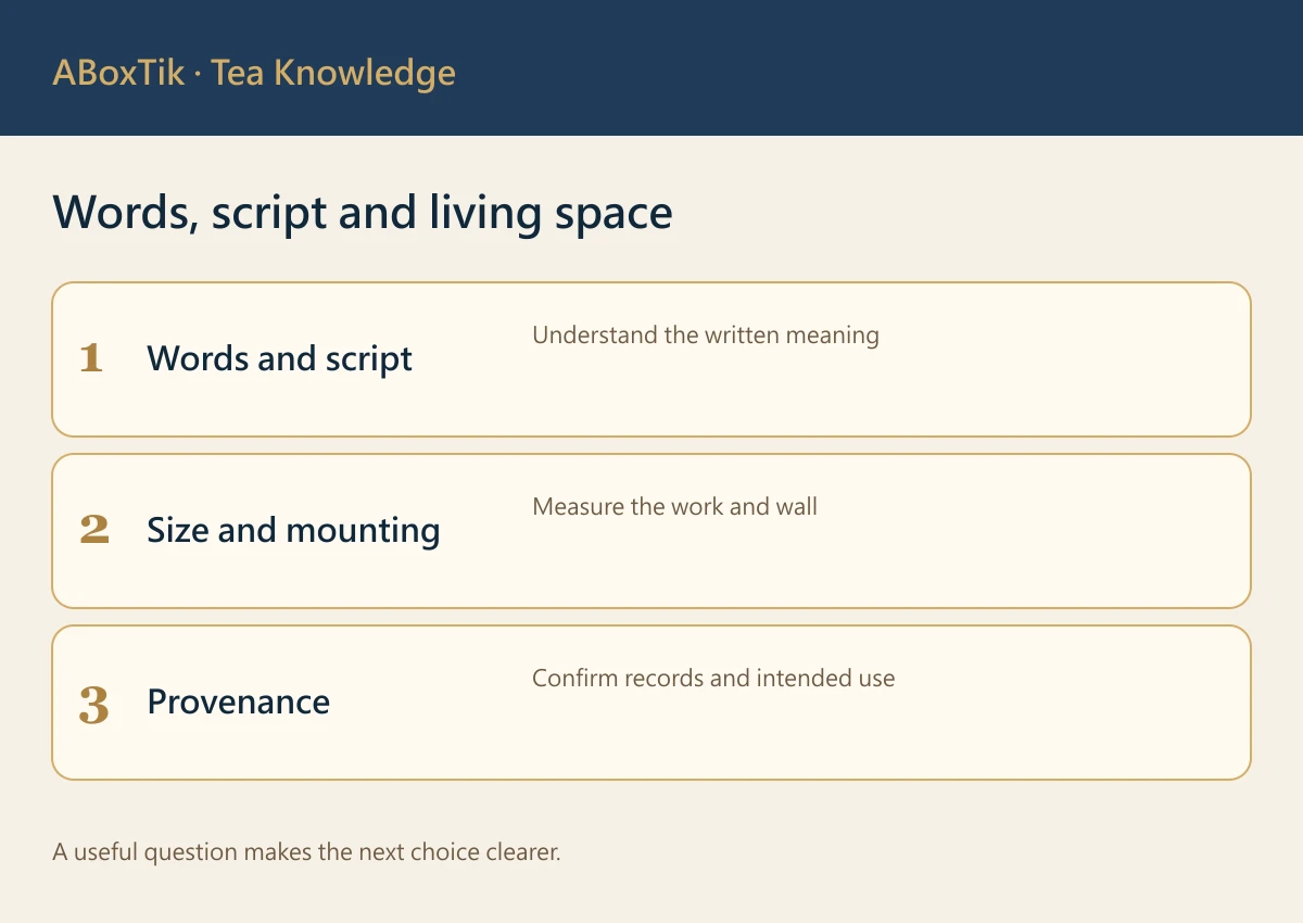 Words, script and living space: Words and script, Size and mounting, Provenance
